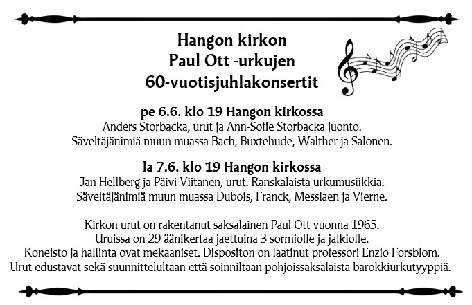 Hangon kirkon urut 60 vuotta -juhlakonsertit! Kuva